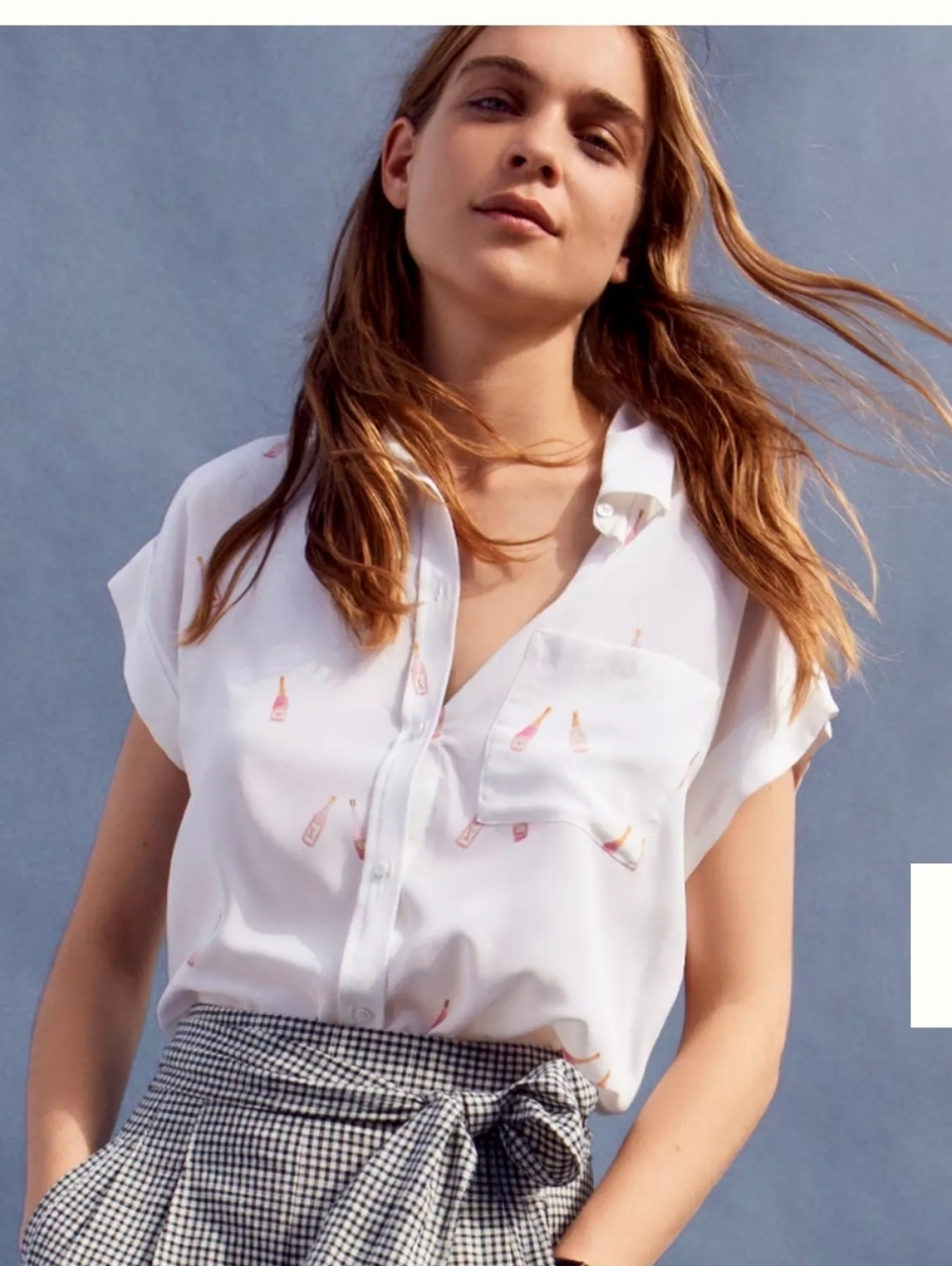 Rails White Short-Sleeve Button Front Blouse with Tiny Bottle Print